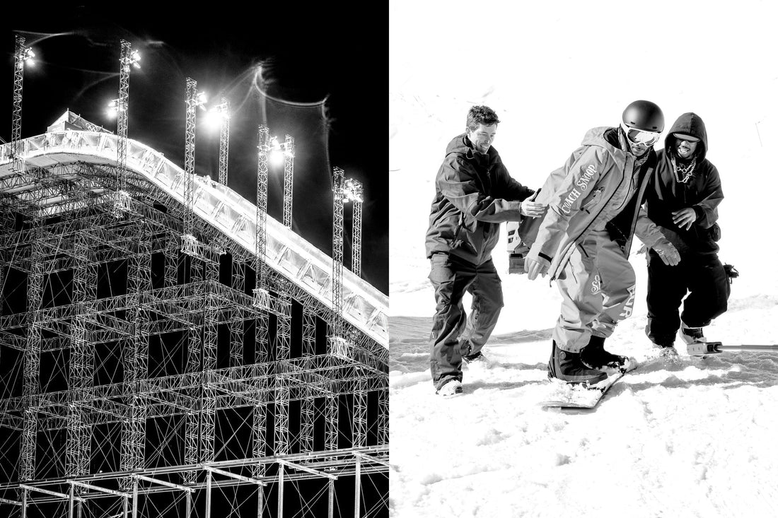 Shaun White and Zeb Powell prepping “Coach Snoop” to throw a “D-O-double-cork” high above some sketchy Italian scaffolding at the 2026 Milano Cortina Olympics