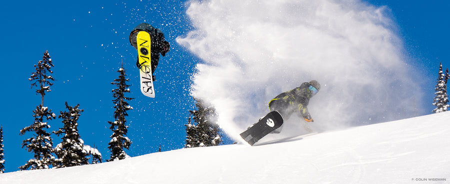 An uncrowded terrain park lends room to experiment. Nayte Brown spins a frontside 360 while Matt Wainhouse throws up a cloud. Photo: Colin Wiseman