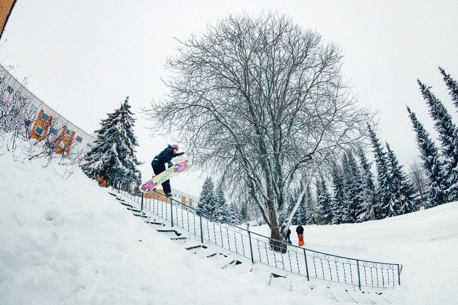 Joe Simpson in Oslo, Norway, he couldn’t get the speed for his planned trick, so he unstrapped and goofed around with a caveman. Photo: Matt Georges