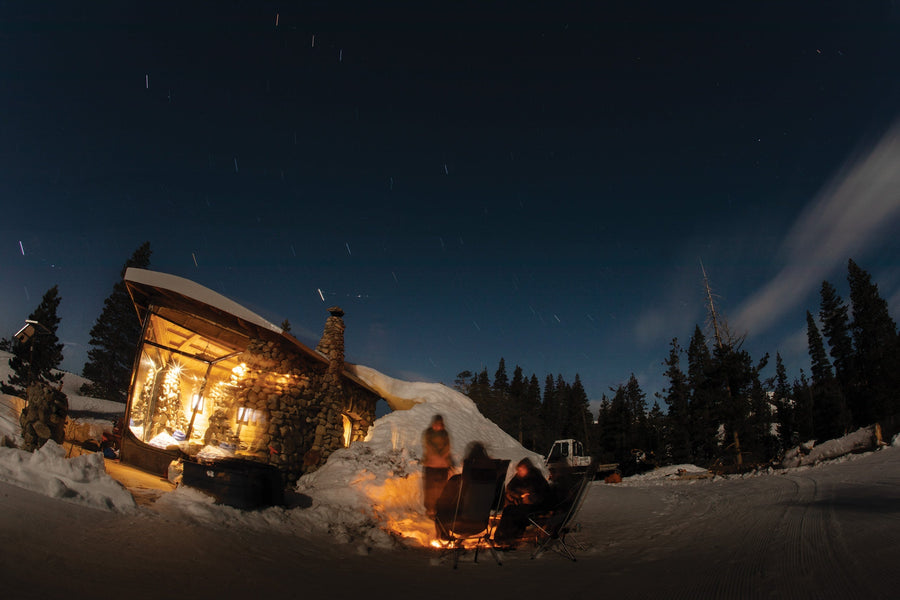 Jed Sky, Natalie Allport, Sebby Konijnenberg and Sam McMahon under the night sky outside the Area 241 cabin.