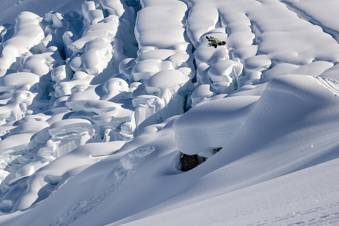 Nik Baden finding the sweet spot in front of a fractured glacier in Haines, AK. It was the last hit of Baden’s first trip to Alaska, a welcome invite into the promised land from the late Alex Pashley. Photo: Alex Pashley