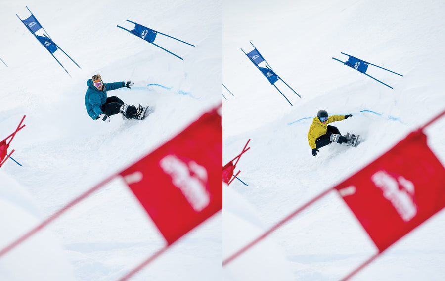 Similar genetics, slightly different styles—Hans (left) and Nils (right) back-to-back during qualifying run at the Mt. Baker Legendary Banked Slalom.