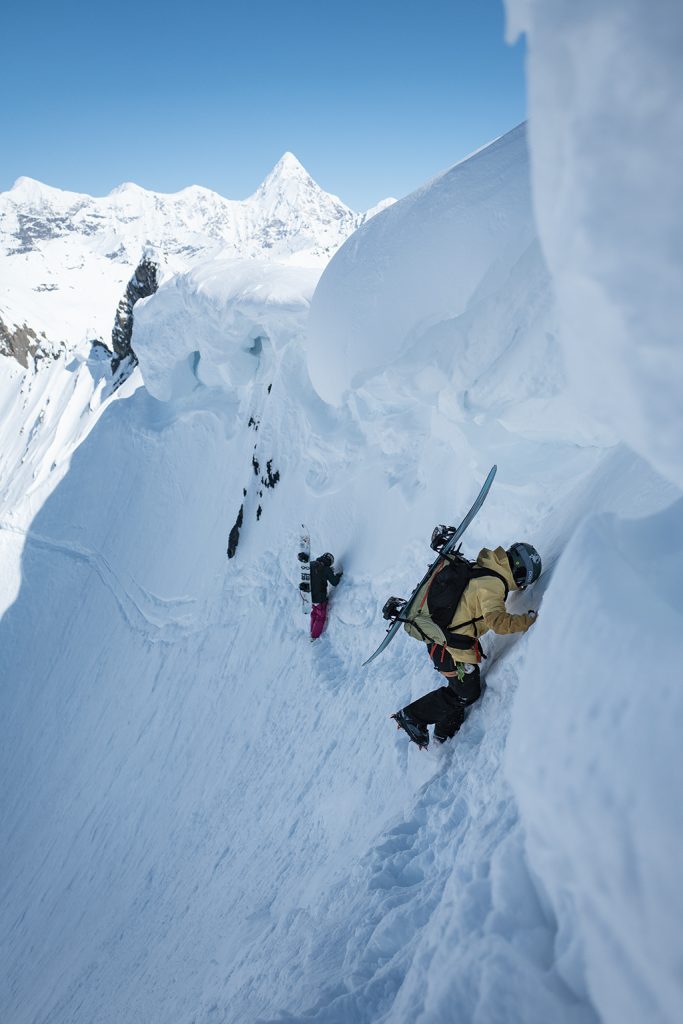 Robin Van Gyn and Elena Hight traversing to a drop in—a move that Robin calls “Quite possibly the spiciest moment of the entire trip.” Photo: Michelle Parker