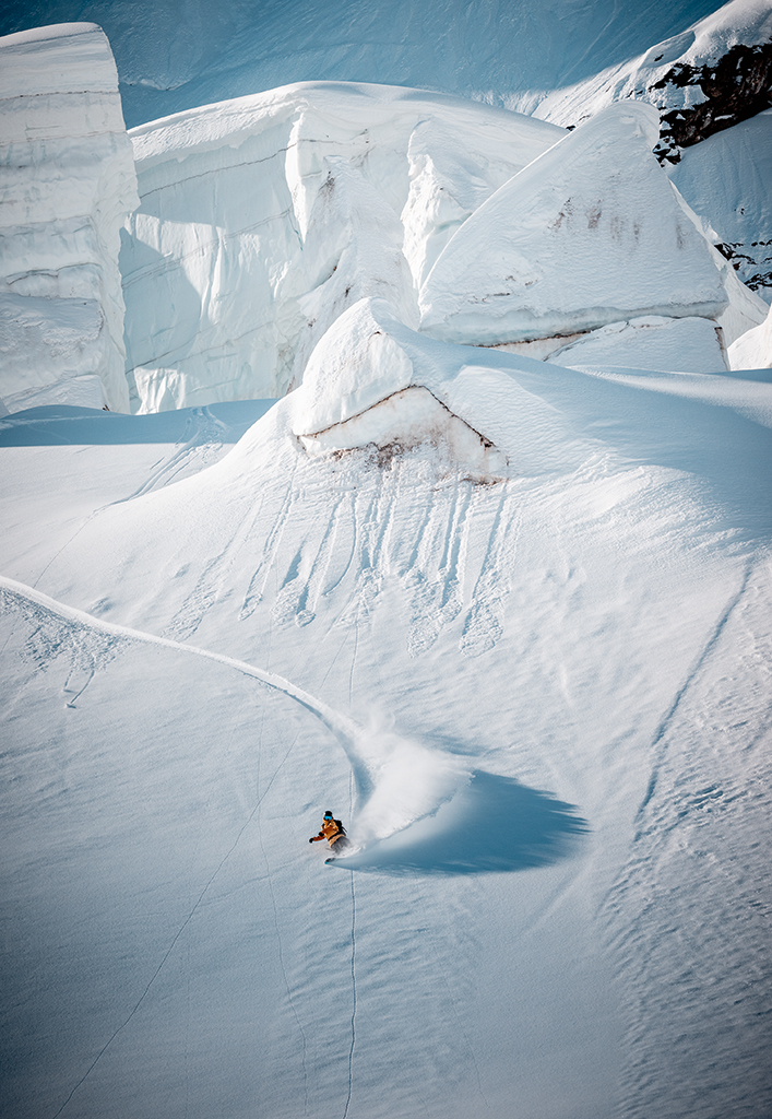 Between towers of ice, Robin Van Gyn finds a hack-worthy pocket of fresh snow. Photo: Aaron Blatt